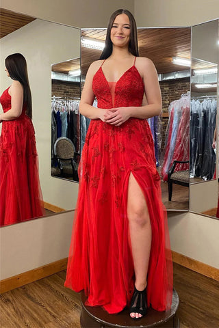 Vestido de fiesta largo rojo con escote en V pronunciado, apliques florales y abertura PSK485