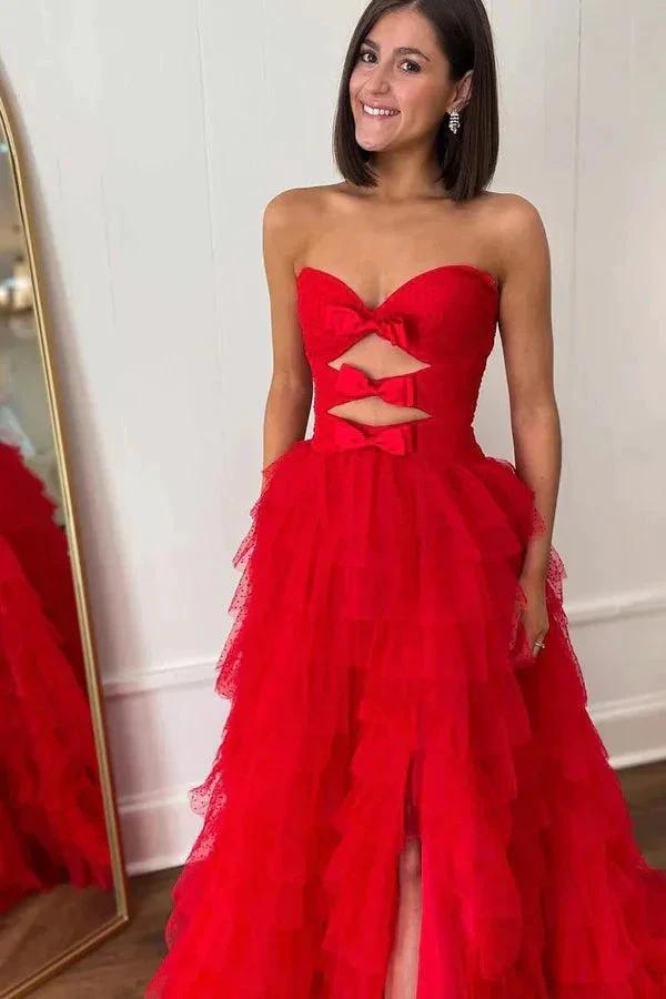 Red Strapless A-line Layers Bows Long Prom Dress with Slit PSK513 by pgmdress