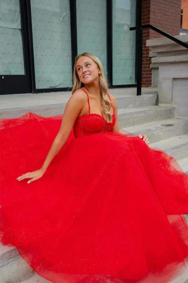 Straps Beaded A-Line Sparkly Red Prom Dress with Split PSK503 by pgmdress