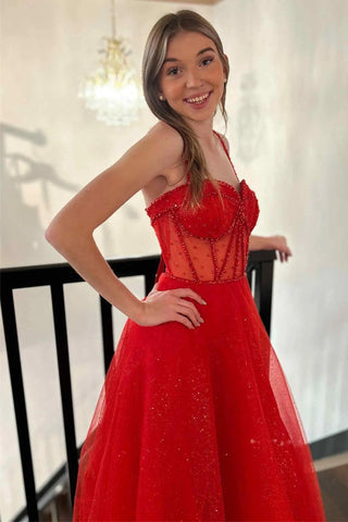 Vestido de fiesta rojo brillante con tirantes, cuentas y abertura, corte A PSK503