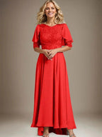 A-line Scoop Illusion Asymmetrical Chiffon Lace Mother of the Bride Dress With Beading by Dreamylily