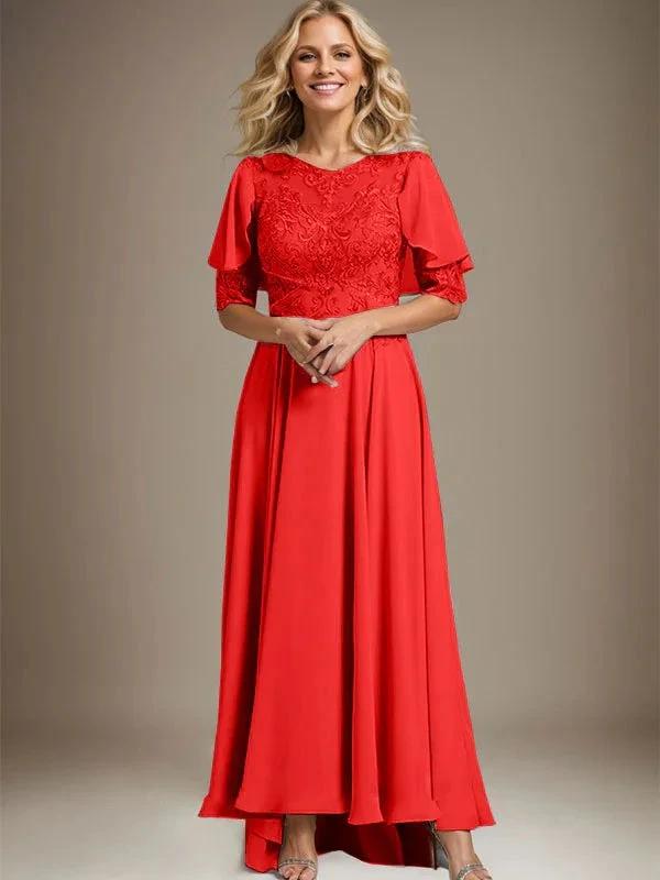 A-line Scoop Illusion Asymmetrical Chiffon Lace Mother of the Bride Dress With Beading by Dreamylily