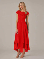 A-line Boat Neck Illusion Asymmetrical Chiffon Lace Mother of the Bride Dress With Applique Pleats by Dreamylily