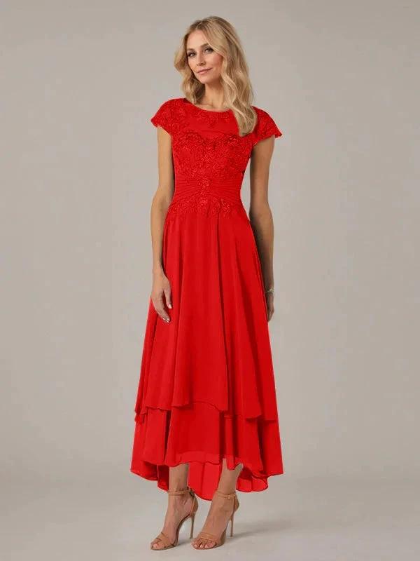 A-line Boat Neck Illusion Asymmetrical Chiffon Lace Mother of the Bride Dress With Applique Pleats by Dreamylily