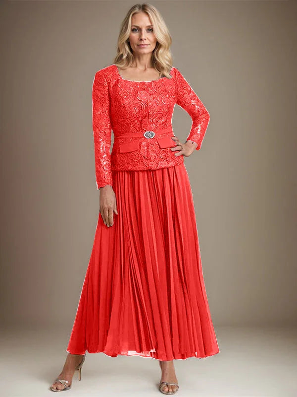 Vestido de gasa para madre de la novia con corte A, cuadrado, largo hasta los tobillos, con pliegues 