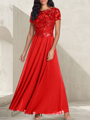 Vestido largo de madre de la novia con escote redondo, corte A, color gris carbón y cuentas