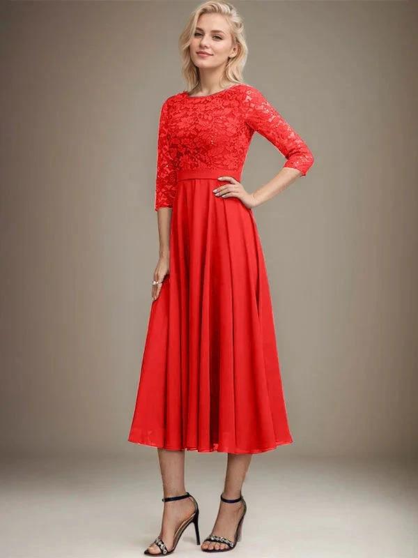 A-line Scoop Tea-Length Lace Chiffon Mother of the Bride Dress With Sequins by Dreamylily