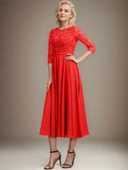 A-line Scoop Tea-Length Lace Chiffon Mother of the Bride Dress With Sequins by Dreamylily