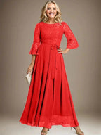 A-line Scoop Ankle-Length Lace Chiffon Mother of the Bride Dress With Bow by Dreamylily