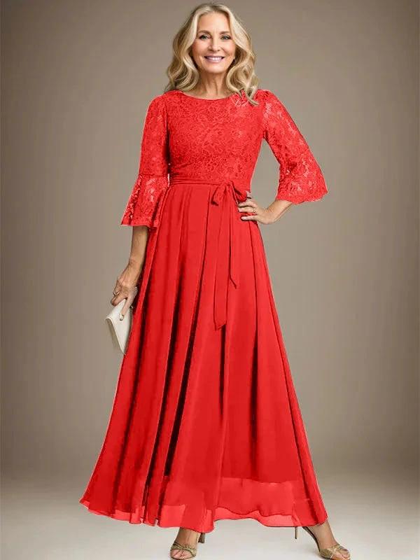 A-line Scoop Ankle-Length Lace Chiffon Mother of the Bride Dress With Bow by Dreamylily