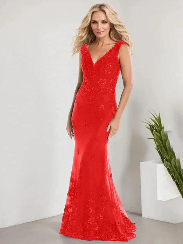 A-line V-Neck Floor-Length Lace Chiffon Mother of the Bride Dress With Applique Sequins Mermaid Dresses by Dreamylily