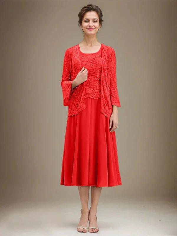 A-line Scoop Tea-Length Lace Chiffon Mother of the Bride Dress With Sequins by Dreamylily