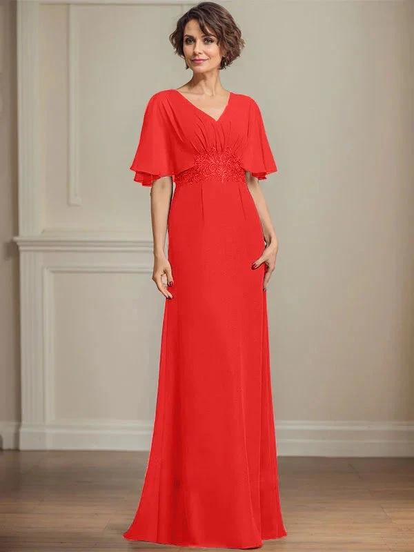 A-line V-Neck Floor-Length Chiffon Mother of the Bride Dress With Pleated Sequins Appliques Lace by Dreamylily