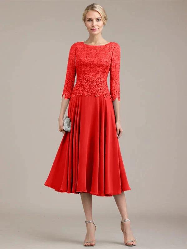A-line Scoop Tea-Length Lace Chiffon Mother of the Bride Dress by Dreamylily