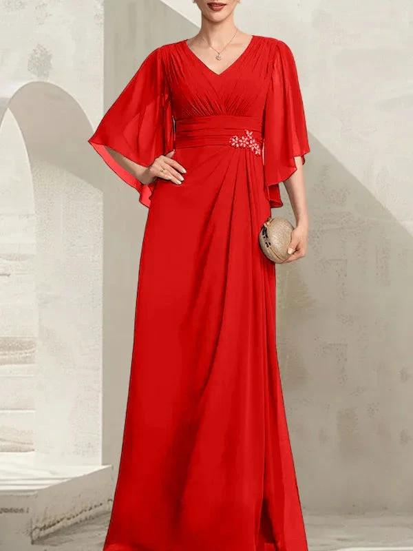 Sheath/Column V-Neck Floor-Length Chiffon Mother of the Bride Dress With Pleated Sequins Beading by Dreamylily