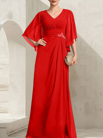 Vestido de gasa para madre de la novia, con escote en V, largo hasta el suelo, con lentejuelas plisadas y abalorios