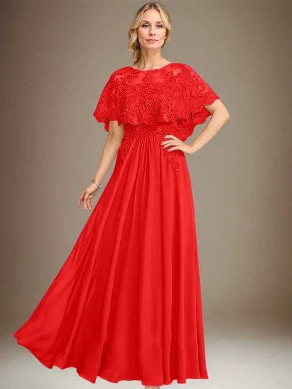 A-line Boat Neck Floor-Length Lace Chiffon Mother of the Bride Dress With Applique Sequins by Dreamylily