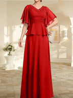 A-line V-Neck Floor-Length Chiffon Mother of the Bride Dress With Pleated Beading by Dreamylily