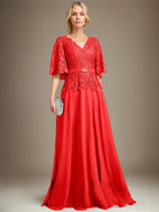 A-line V-Neck Floor-Length Chiffon Lace Mother of the Bride Dress With Crystal Brooch Rhinestone by Dreamylily