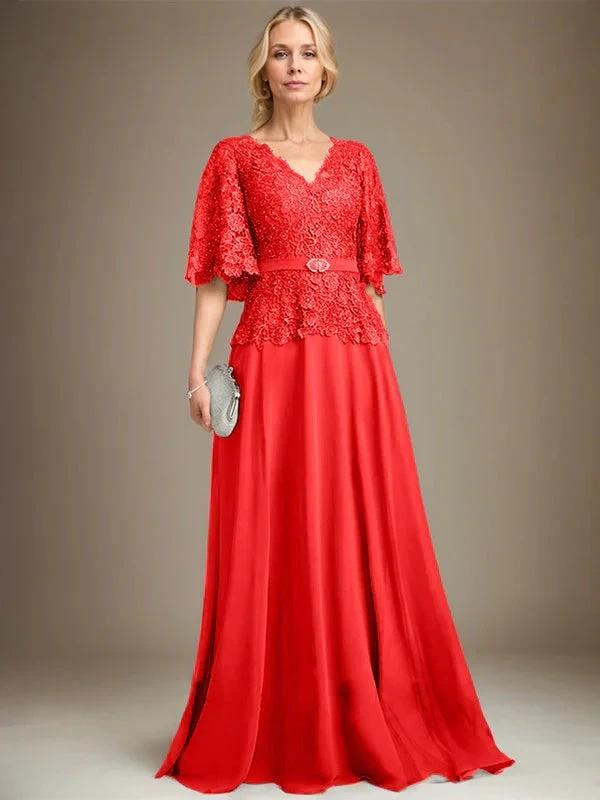 A-line V-Neck Floor-Length Chiffon Lace Mother of the Bride Dress With Crystal Brooch Rhinestone by Dreamylily