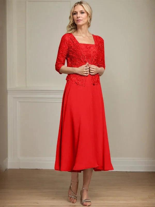 A-line Square Tea-Length Chiffon Lace Mother of the Bride Dress With Sequins Beading by Dreamylily