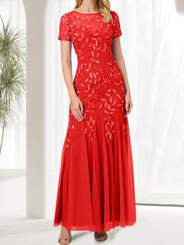 Vestido largo de sirena azul con cuello redondo para madre de la novia con cuentas