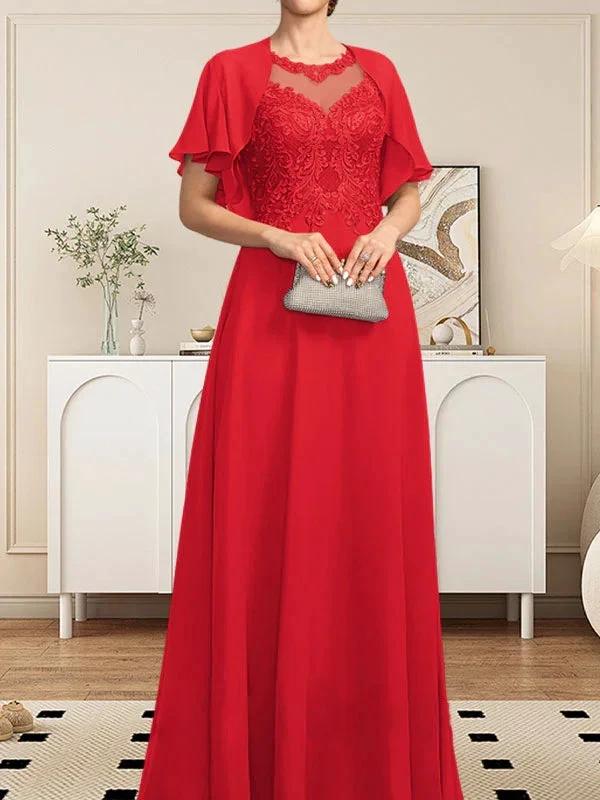 A-line Scoop Illusion Floor-Length Lace Chiffon Mother of the Bride Dress With Sequins by Dreamylily