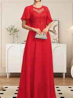 A-line Scoop Illusion Floor-Length Lace Chiffon Mother of the Bride Dress With Sequins by Dreamylily