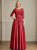 A-line Scoop Illusion Floor-Length Satin Lace Mother of the Bride Dress With Sequins Bow by Dreamylily