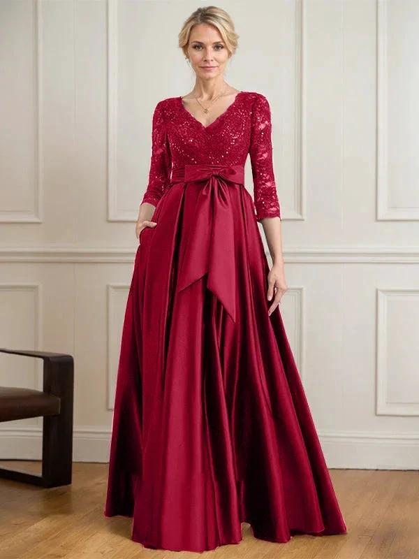 A-line V-Neck Floor-Length Satin Lace Mother of the Bride Dress With Sequins Bow by Dreamylily
