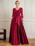A-line V-Neck Floor-Length Satin Lace Mother of the Bride Dress With Sequins Bow by Dreamylily