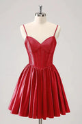 Cute Red A Line Spaghetti Straps Ruffle Corset Short Homecoming Dress with Beading by WEDTREND