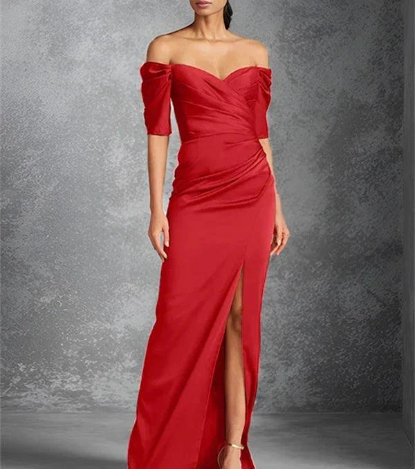 Sheath/Column Off-the-Shoulder Short Sleeves Floor-Length Mother of the Bride Dresses With Split Front by Dreamylily