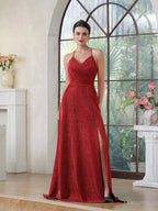 Elegant Long A-line V-Neck Halter Shiny Silk Prom Dress With Side Slit Party Dress with Pocket by BIZTUNNEL