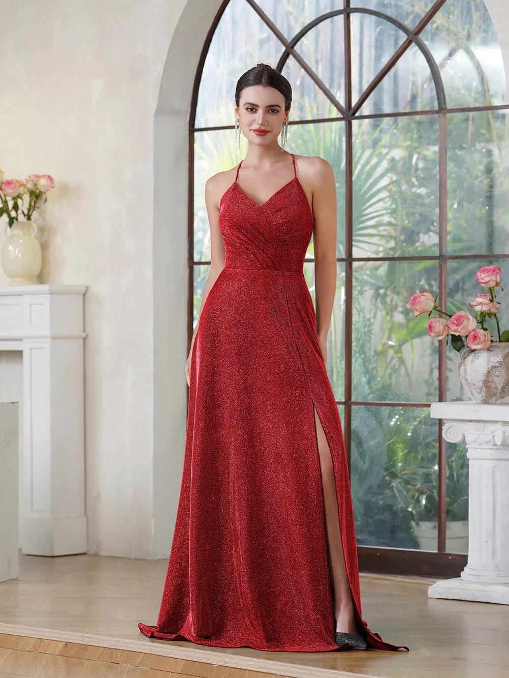 Elegant Long A-line V-Neck Halter Shiny Silk Prom Dress With Side Slit Party Dress with Pocket by BIZTUNNEL