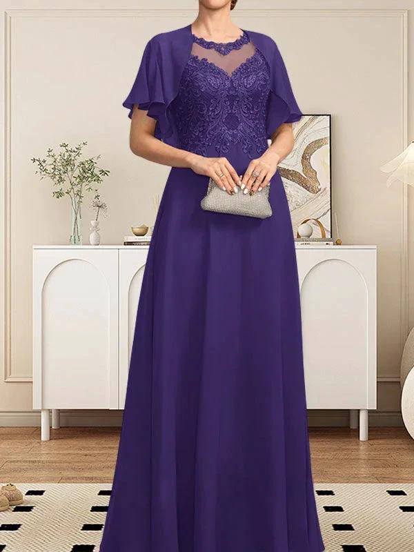 A-line Scoop Illusion Floor-Length Lace Chiffon Mother of the Bride Dress With Sequins by Dreamylily