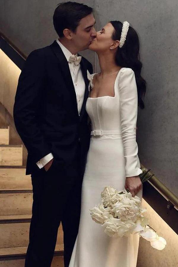 Retro Satin Long Sleeves Sweep Train Sheath Wedding Dress Bridal Gown WD625 by pgmdress