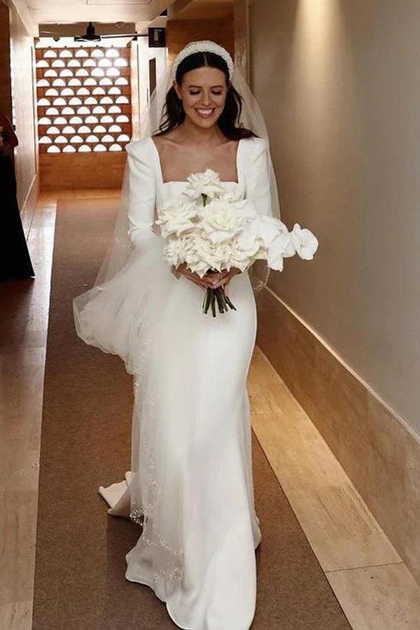 Retro Satin Long Sleeves Sweep Train Sheath Wedding Dress Bridal Gown WD625 by pgmdress