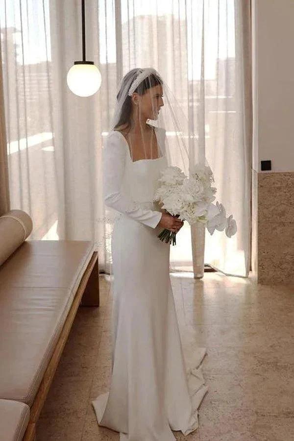 Retro Satin Long Sleeves Sweep Train Sheath Wedding Dress Bridal Gown WD625 by pgmdress