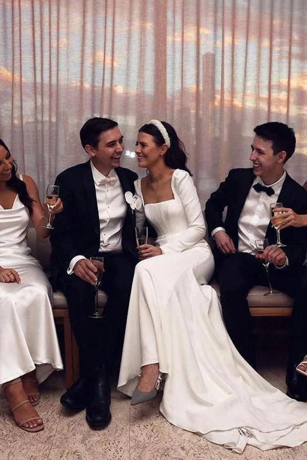 Retro Satin Long Sleeves Sweep Train Sheath Wedding Dress Bridal Gown WD625 by pgmdress