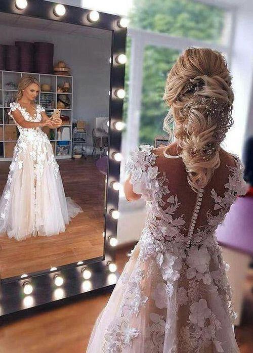 Romantic Sleeveless Aline Wedding Dress 3D Floral Lace Tulle Bridal Dress by misshow.com