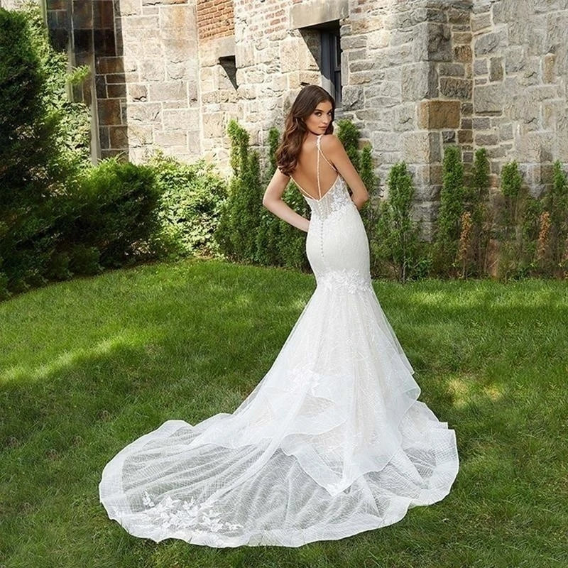 Romantic Wedding Dress Sexy Deep V-Neck Vestidos De Novia Appliques Vestido De Noiva Backless Custom Made Lace Robe De Mariée