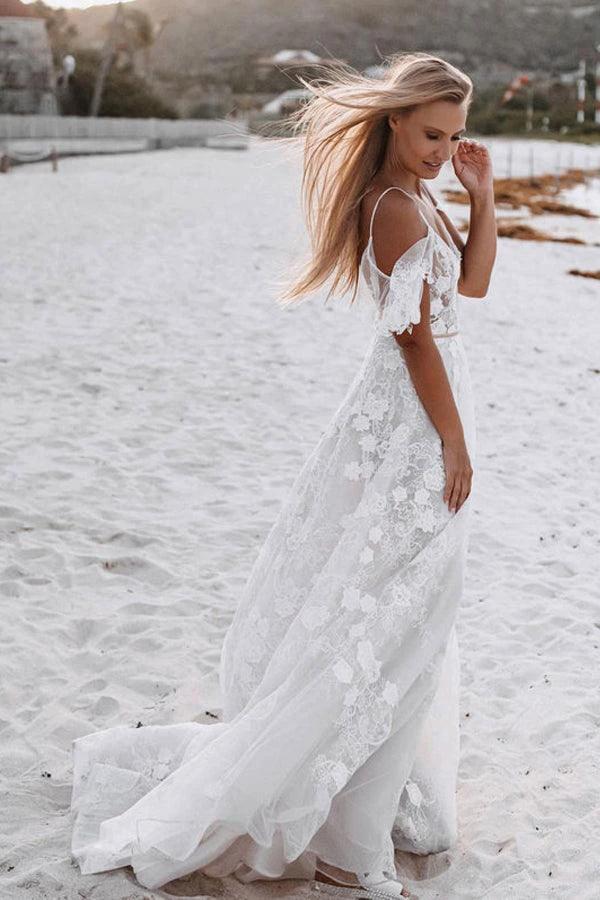 Romantic Spaghetti Straps Floral Lace Beach Wedding Dresses WD591 by pgmdress