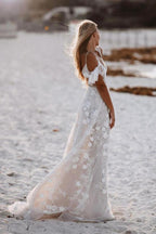Romantic Spaghetti Straps Floral Lace Beach Wedding Dresses WD591 by pgmdress