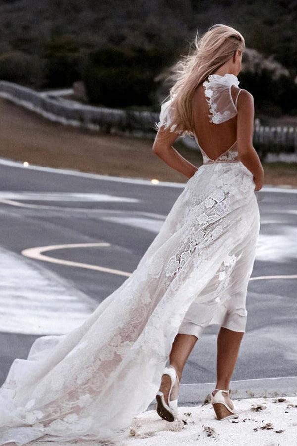 Romantic Spaghetti Straps Floral Lace Beach Wedding Dresses WD591 by pgmdress