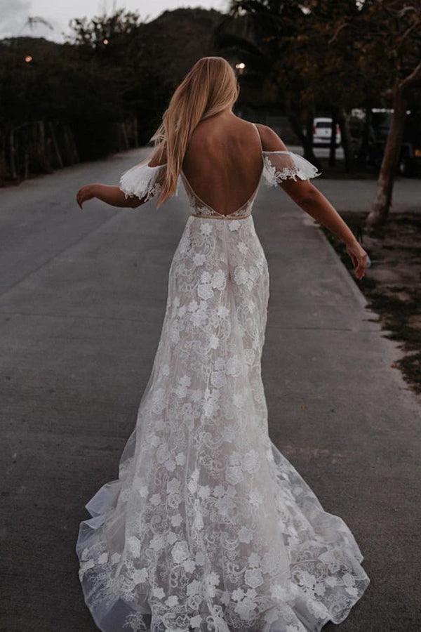 Romantic Spaghetti Straps Floral Lace Beach Wedding Dresses WD591 by pgmdress