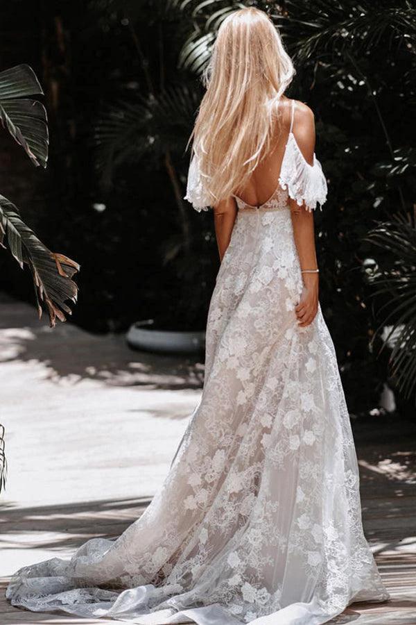 Romantic Spaghetti Straps Floral Lace Beach Wedding Dresses WD591 by pgmdress