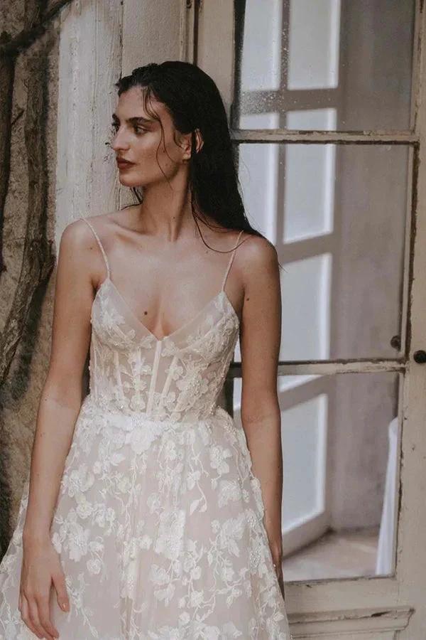 Romantic Straps V-neck Lace Appliques Bohemian Wedding Gown WD685 by pgmdress