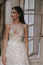Romantic Straps V-neck Lace Appliques Bohemian Wedding Gown WD685 by pgmdress