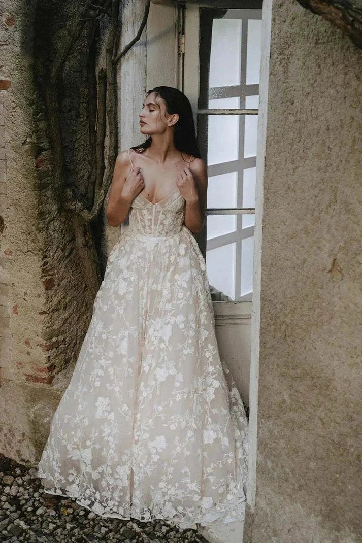 Romantic Straps V-neck Lace Appliques Bohemian Wedding Gown WD685 by pgmdress